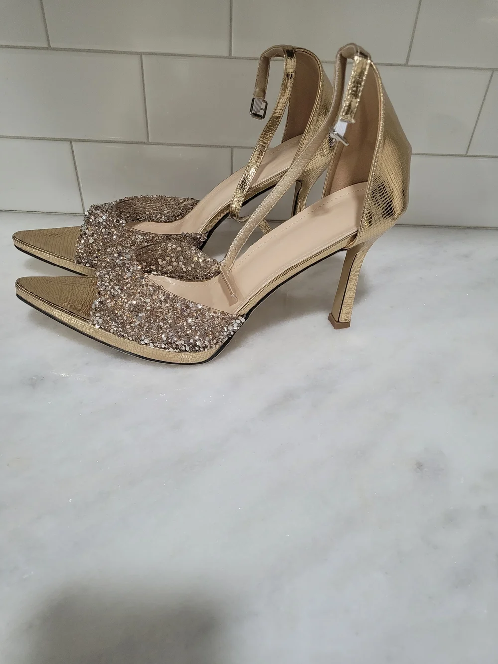 SHEIN Gold Crystal Peep-Toe Ankle-Strap Heels